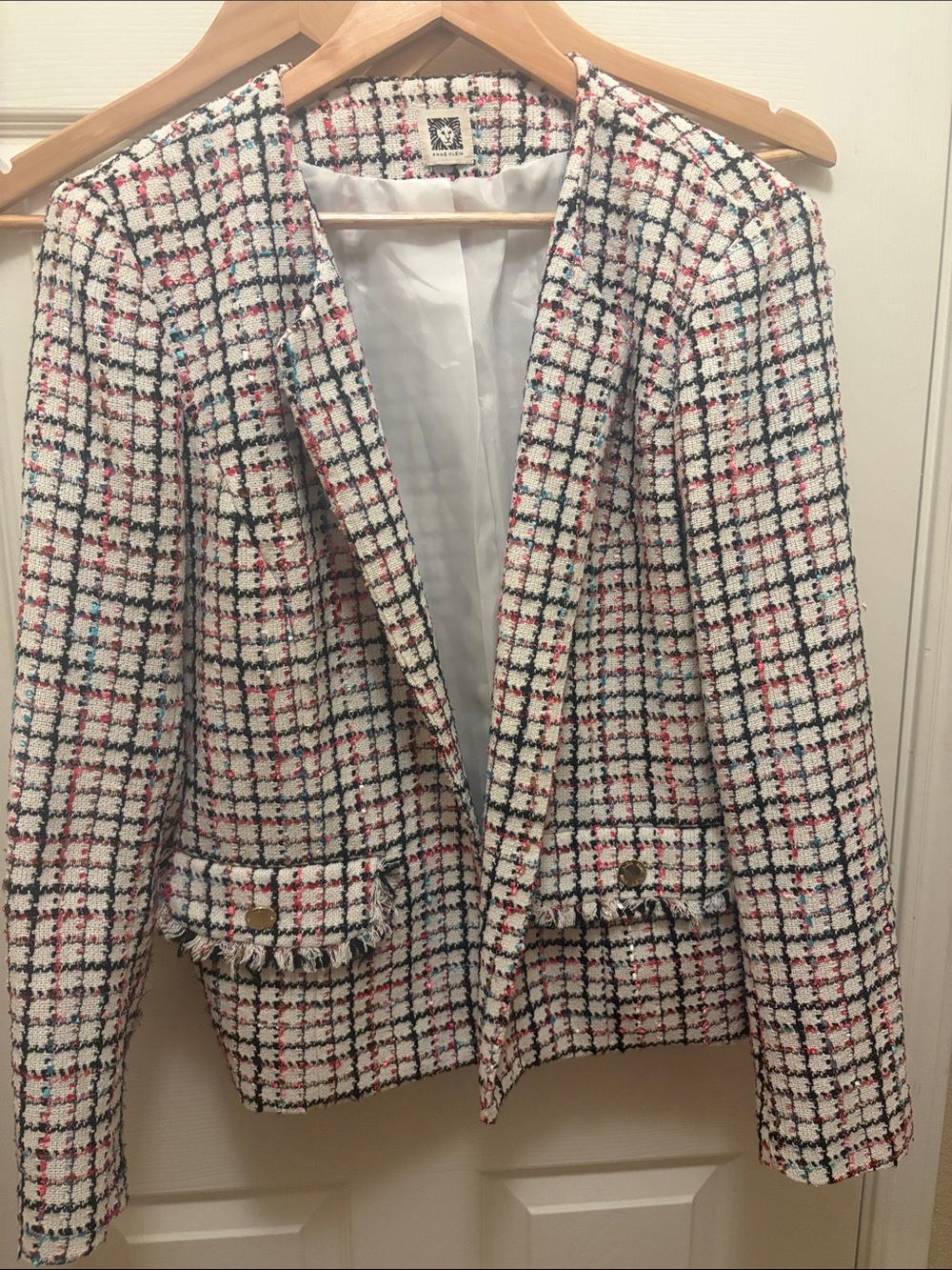 Anne Klein Cream Tweed Plaid Blazer with Pink and Blue Accents A094